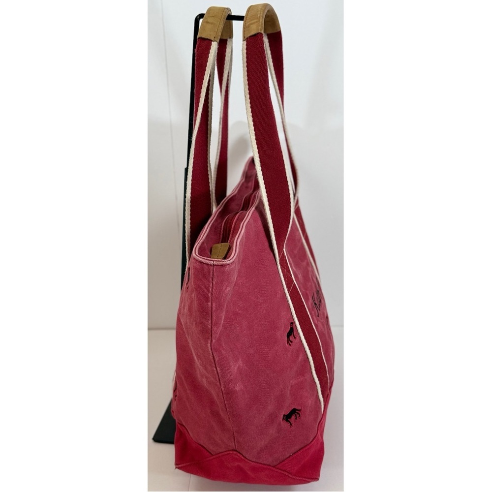 L.L. Bean Vintage Boat Tote Bag Embroidered Black Dog Canvas & Leather Light Red - Picture 3 of 15